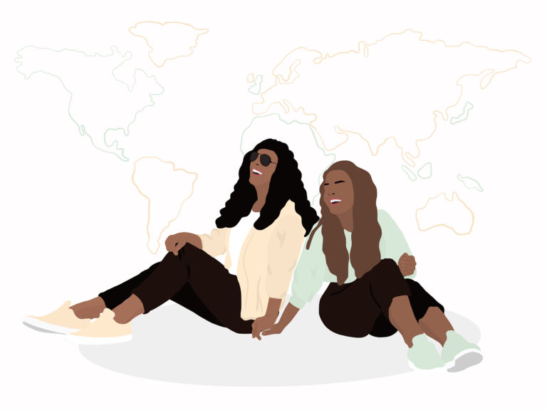 Illustration of two black girls with world map behind them.